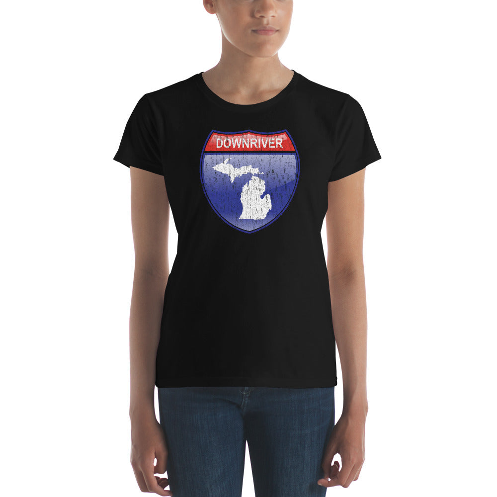 Textured Print Downriver Michigan Interstate Sign Women's short sleeve t-shirt